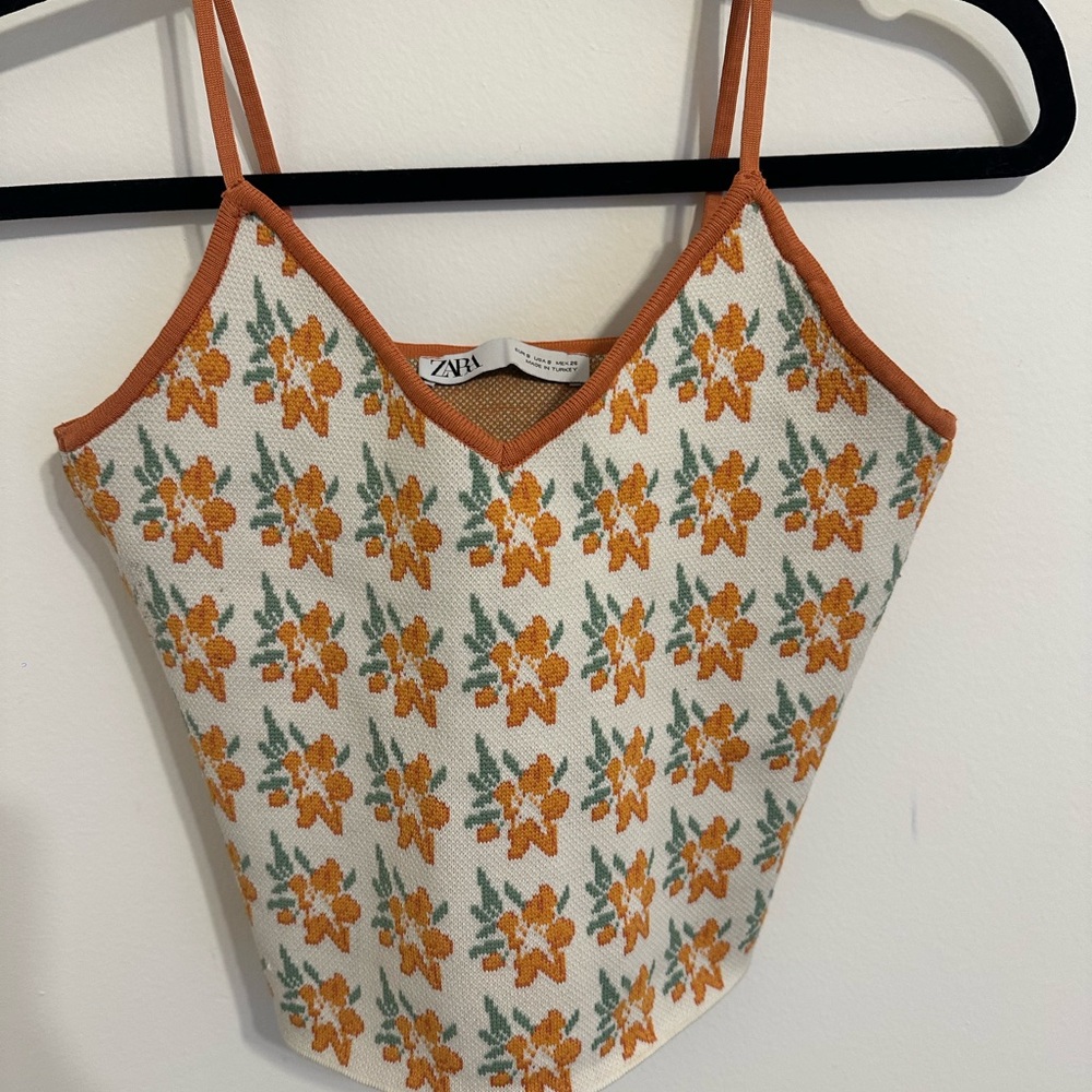 Zara Orange and Green Floral Knit Camisole